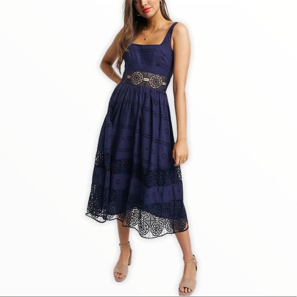 ASOS Navy Square Neck Embroidered Midi Dress NWT - Picture 1 of 14